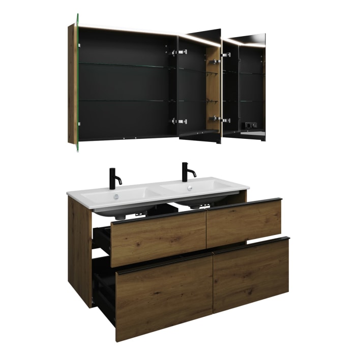 burgbad Eqio Badmöbel-Set 122 cm mit Keramik-Doppelwaschtisch Slim und Unterschrank mit Griffleiste G0252, mit Spiegelschrank