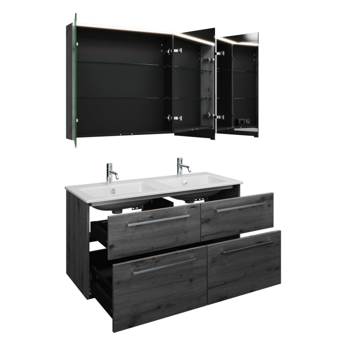 burgbad Eqio Badmöbel-Set 122 cm mit Keramik-Doppelwaschtisch Slim und Unterschrank mit Stangengriff P95, mit Spiegelschrank