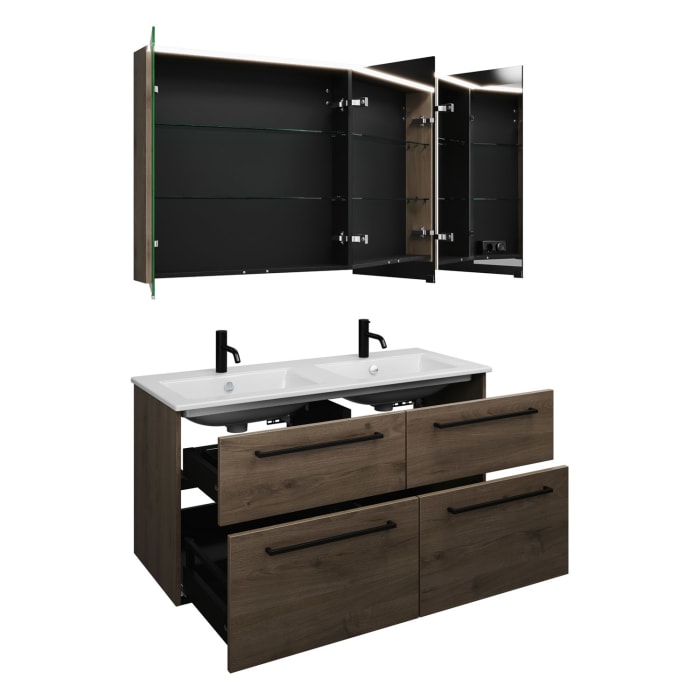 burgbad Eqio Badmöbel-Set 122 cm mit Keramik-Doppelwaschtisch Slim und Unterschrank mit Stangengriff G0234, mit Spiegelschrank