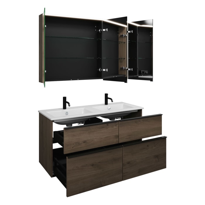 burgbad Eqio Badmöbel-Set 122 cm mit Keramik-Doppelwaschtisch Slim und Unterschrank mit Griffleiste G0252, mit Spiegelschrank