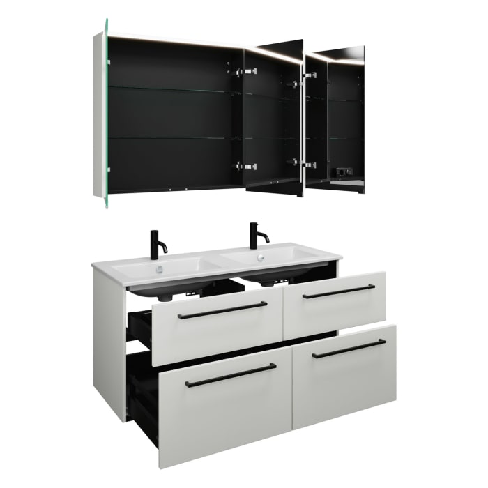 burgbad Eqio Badmöbel-Set 122 cm mit Keramik-Doppelwaschtisch Slim und Unterschrank mit Stangengriff G0234, mit Spiegelschrank