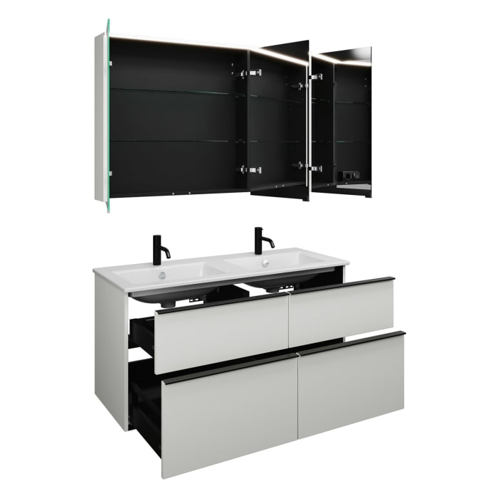 burgbad Eqio Badmöbel-Set 122 cm mit Keramik-Doppelwaschtisch Slim und Unterschrank mit Griffleiste G0252, mit Spiegelschrank