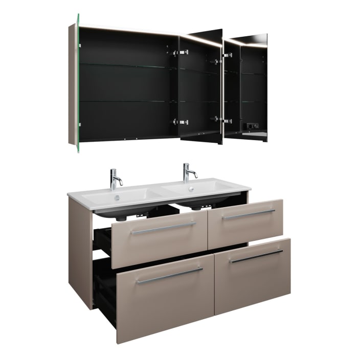 burgbad Eqio Badmöbel-Set 122 cm mit Keramik-Doppelwaschtisch Slim und Unterschrank mit Stangengriff P95, mit Spiegelschrank