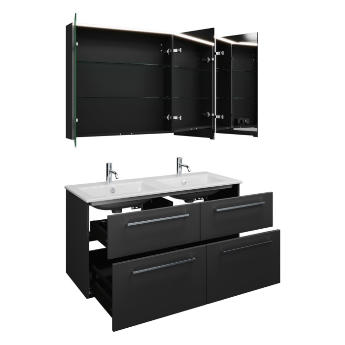 burgbad Eqio Badmöbel-Set 122 cm mit Keramik-Doppelwaschtisch Slim und Unterschrank mit Stangengriff P95, mit Spiegelschrank