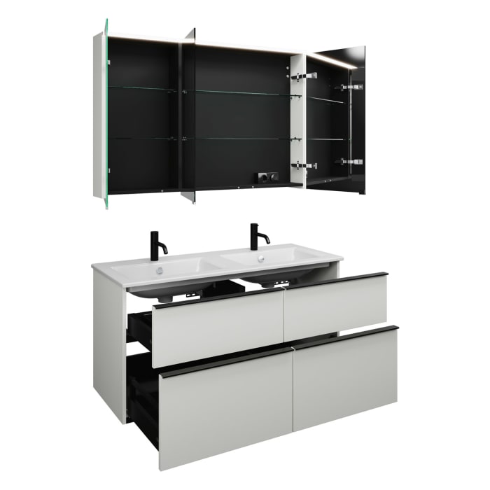burgbad Eqio Badmöbel-Set 122 cm mit Keramik-Doppelwaschtisch Slim und Unterschrank mit Griffleiste G0252, mit Spiegelschrank