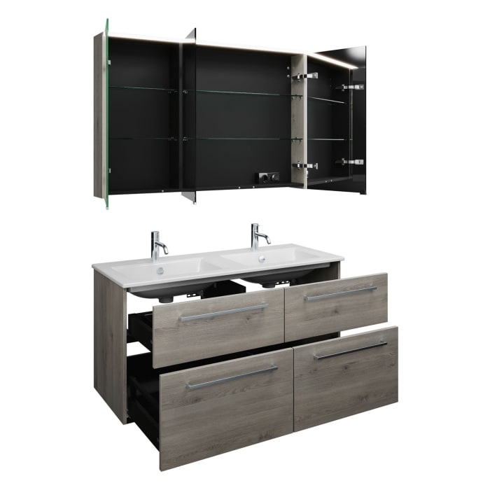 burgbad Eqio Badmöbel-Set 122 cm mit Keramik-Doppelwaschtisch Slim und Unterschrank mit Stangengriff P95, mit Spiegelschrank