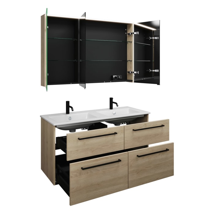 burgbad Eqio Badmöbel-Set 122 cm mit Keramik-Doppelwaschtisch Slim und Unterschrank mit Stangengriff G0234, mit Spiegelschrank