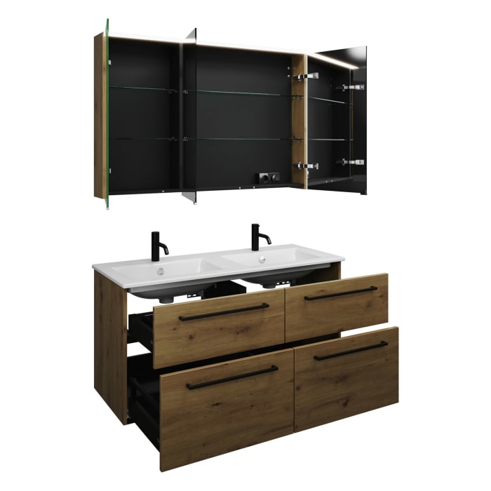 burgbad Eqio Badmöbel-Set 122 cm mit Keramik-Doppelwaschtisch Slim und Unterschrank mit Stangengriff G0234, mit Spiegelschrank