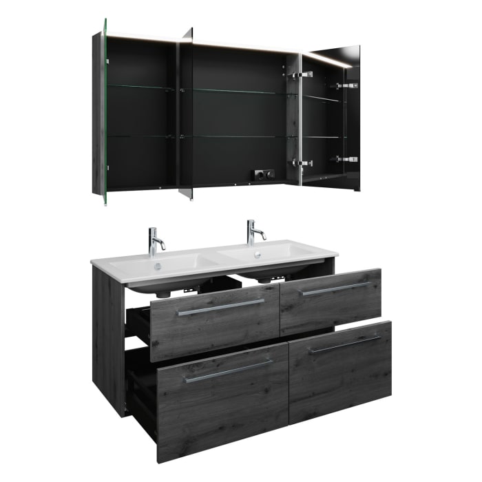 burgbad Eqio Badmöbel-Set 122 cm mit Keramik-Doppelwaschtisch Slim und Unterschrank mit Stangengriff P95, mit Spiegelschrank