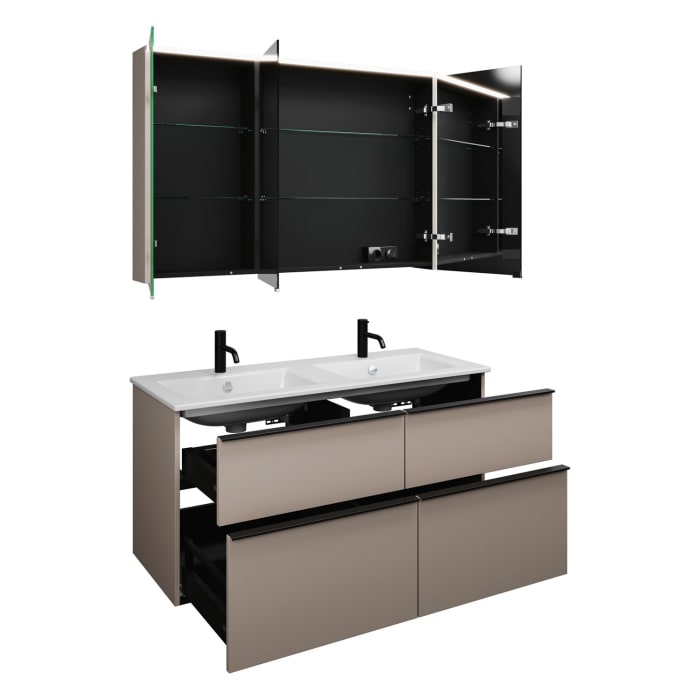 burgbad Eqio Badmöbel-Set 122 cm mit Keramik-Doppelwaschtisch Slim und Unterschrank mit Griffleiste G0252, mit Spiegelschrank