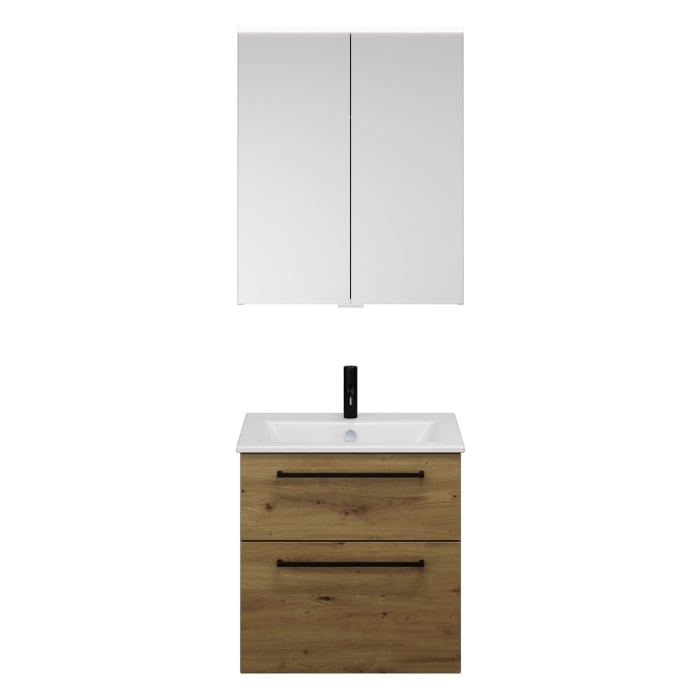 burgbad Eqio Badmöbel-Set 65 cm mit Keramik-Waschtisch Slim und Unterschrank mit Stangengriff G0234, mit Spiegelschrank