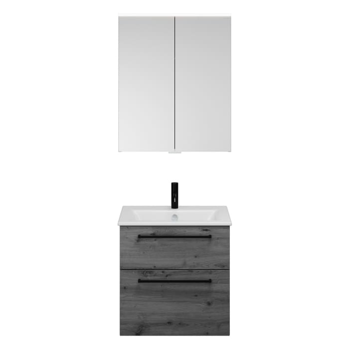 burgbad Eqio Badmöbel-Set 65 cm mit Keramik-Waschtisch Slim und Unterschrank mit Stangengriff G0234, mit Spiegelschrank