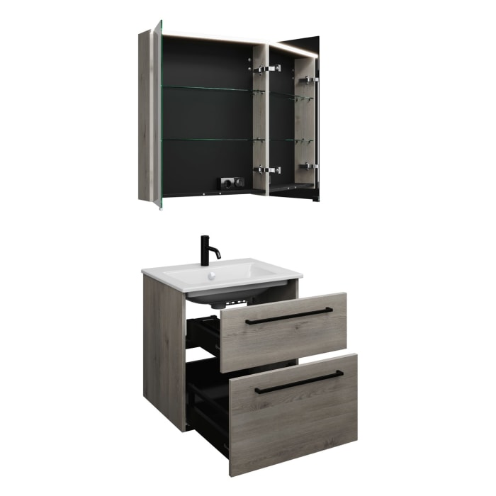 burgbad Eqio Badmöbel-Set 65 cm mit Keramik-Waschtisch Slim und Unterschrank mit Stangengriff G0234, mit Spiegelschrank