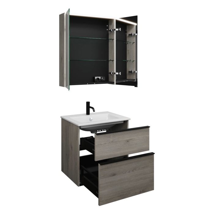burgbad Eqio Badmöbel-Set 65 cm mit Keramik-Waschtisch Slim und Unterschrank mit Griffleiste G0252, mit Spiegelschrank