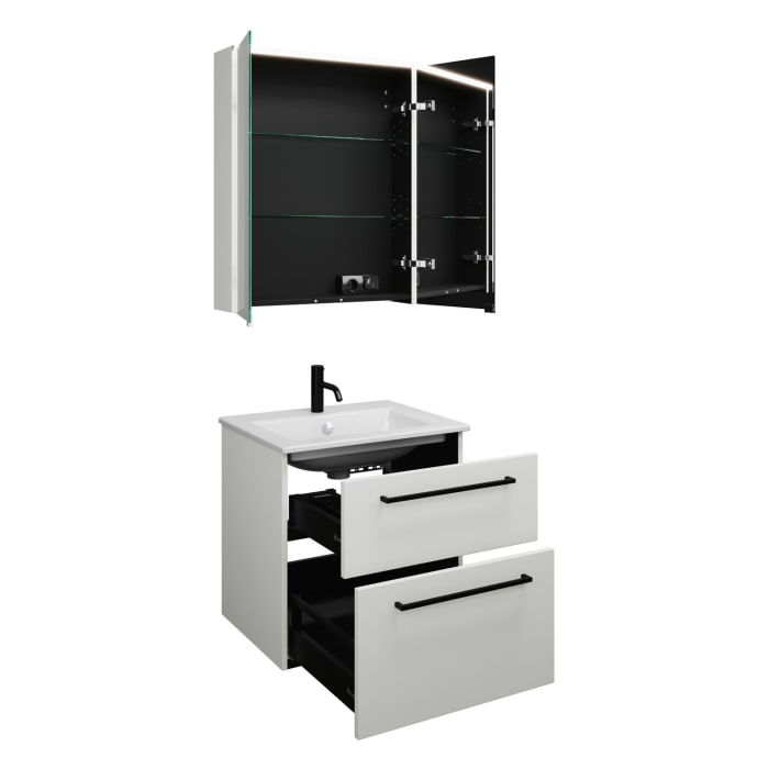 burgbad Eqio Badmöbel-Set 65 cm mit Keramik-Waschtisch Slim und Unterschrank mit Stangengriff G0234, mit Spiegelschrank