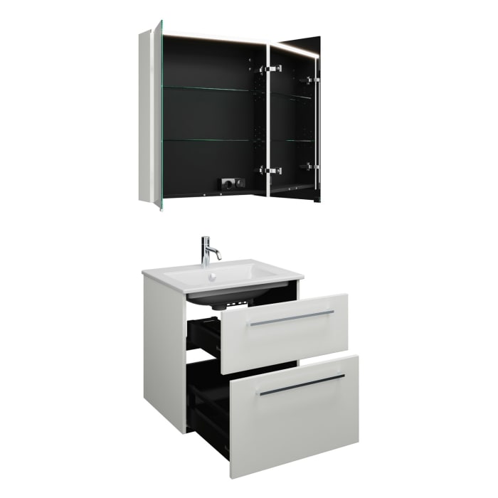 burgbad Eqio Badmöbel-Set 65 cm mit Keramik-Waschtisch Slim und Unterschrank mit Stangengriff P95, mit Spiegelschrank