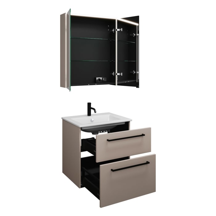 burgbad Eqio Badmöbel-Set 65 cm mit Keramik-Waschtisch Slim und Unterschrank mit Stangengriff G0234, mit Spiegelschrank