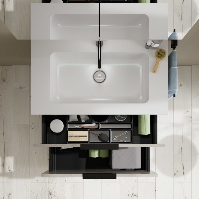 burgbad Eqio Badmöbel Set 82 cm Waschtisch und Unterschrank mit Griff G0252, mit LED-Leuchtspiegel