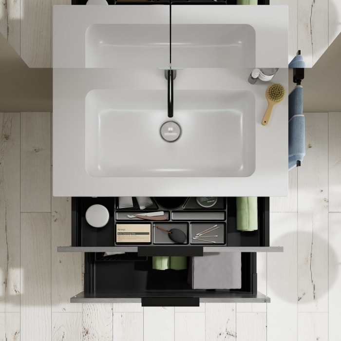 burgbad Eqio Badmöbel Set 82 cm Waschtisch und Unterschrank mit Griff G0252, mit LED-Leuchtspiegel