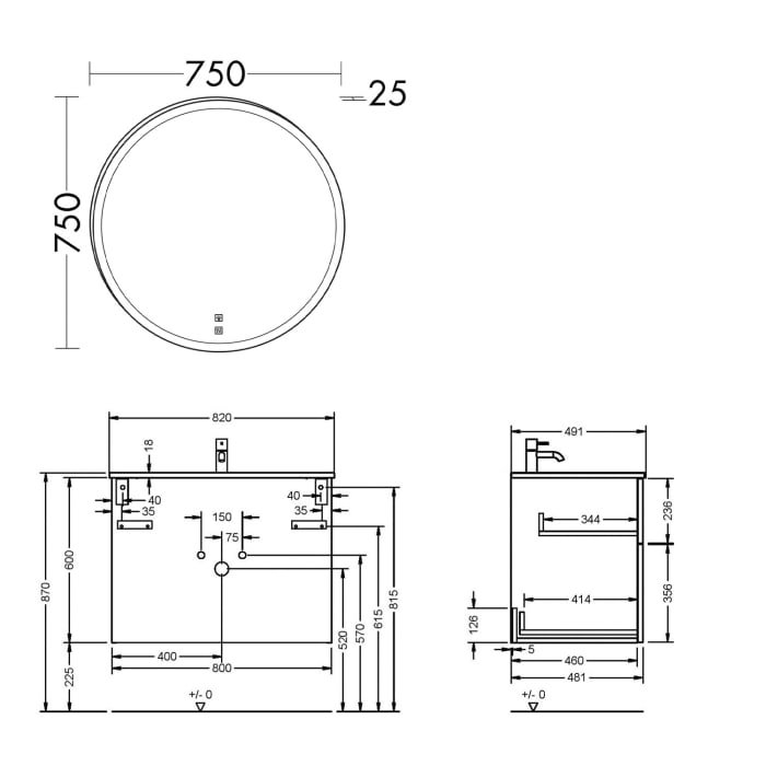 burgbad Eqio Badmöbel Set 82 cm Waschtisch und Unterschrank mit Griff G0252, mit LED-Leuchtspiegel