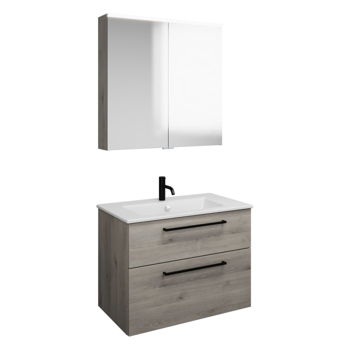 burgbad Eqio Badmöbel-Set 82 cm mit Keramik-Waschtisch Slim und Unterschrank mit Stangengriff G0234, mit Spiegelschrank