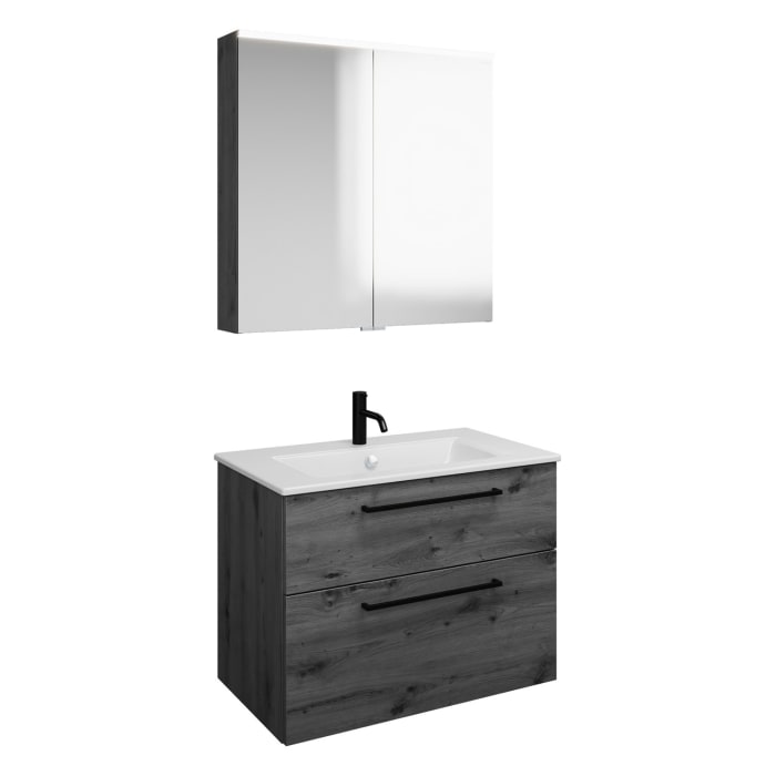 burgbad Eqio Badmöbel-Set 82 cm mit Keramik-Waschtisch Slim und Unterschrank mit Stangengriff G0234, mit Spiegelschrank