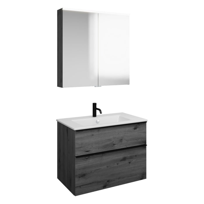 burgbad Eqio Badmöbel-Set 82 cm mit Keramik-Waschtisch Slim und Unterschrank mit Griffleiste G0252, mit Spiegelschrank