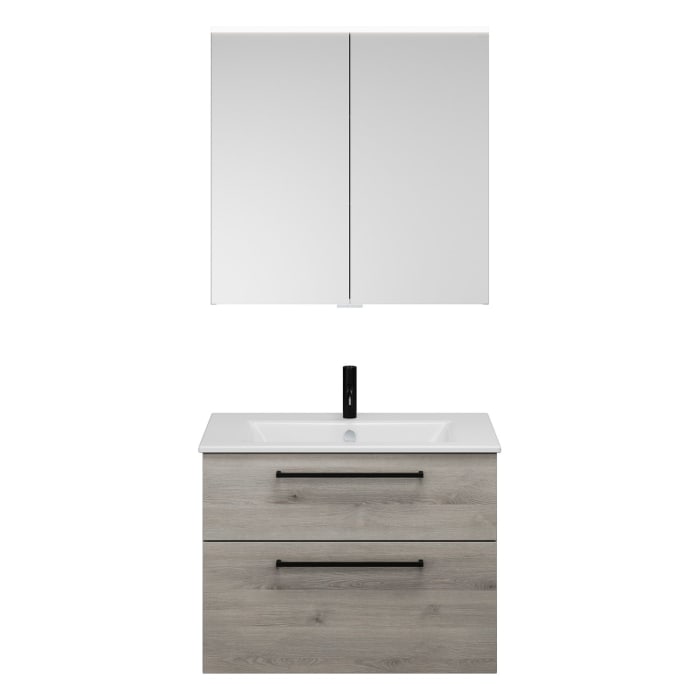 burgbad Eqio Badmöbel-Set 82 cm mit Keramik-Waschtisch Slim und Unterschrank mit Stangengriff G0234, mit Spiegelschrank