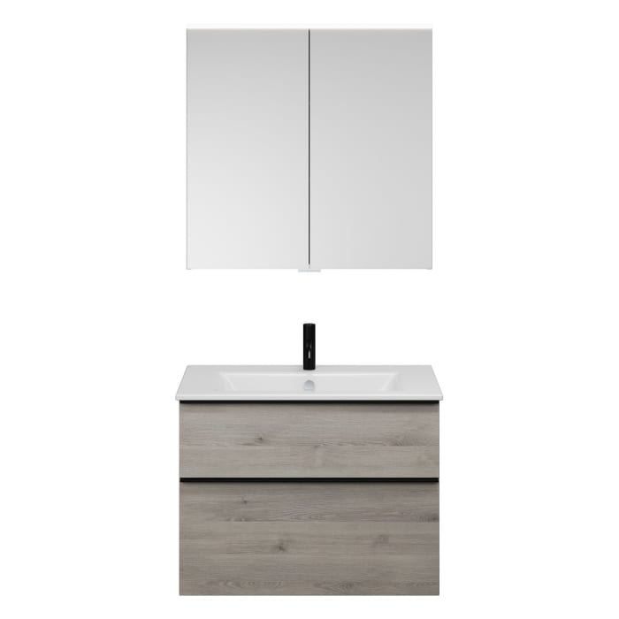 burgbad Eqio Badmöbel-Set 82 cm mit Keramik-Waschtisch Slim und Unterschrank mit Griffleiste G0252, mit Spiegelschrank