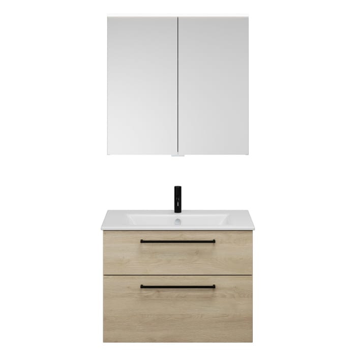 burgbad Eqio Badmöbel-Set 82 cm mit Keramik-Waschtisch Slim und Unterschrank mit Stangengriff G0234, mit Spiegelschrank