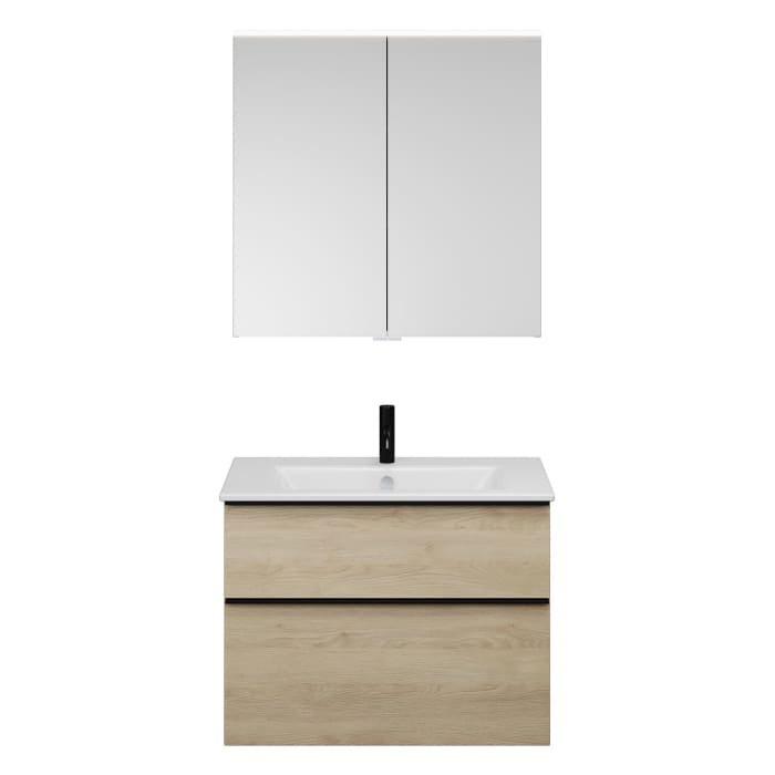 burgbad Eqio Badmöbel-Set 82 cm mit Keramik-Waschtisch Slim und Unterschrank mit Griffleiste G0252, mit Spiegelschrank