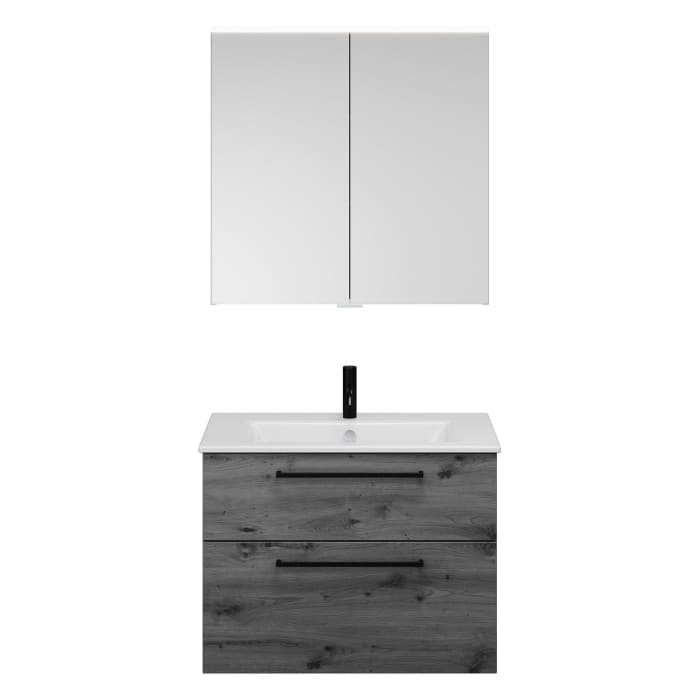 burgbad Eqio Badmöbel-Set 82 cm mit Keramik-Waschtisch Slim und Unterschrank mit Stangengriff G0234, mit Spiegelschrank