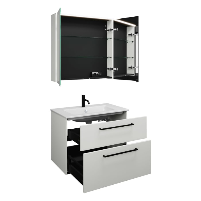 burgbad Eqio Badmöbel-Set 82 cm mit Keramik-Waschtisch Slim und Unterschrank mit Stangengriff G0234, mit Spiegelschrank