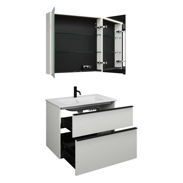 burgbad Eqio Badmöbel-Set 82 cm mit Keramik-Waschtisch Slim und Unterschrank mit Griffleiste G0252, mit Spiegelschrank