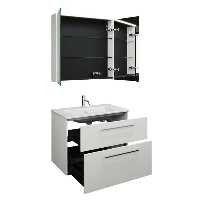 burgbad Eqio Badmöbel-Set 82 cm mit Keramik-Waschtisch Slim und Unterschrank mit Stangengriff P95, mit Spiegelschrank