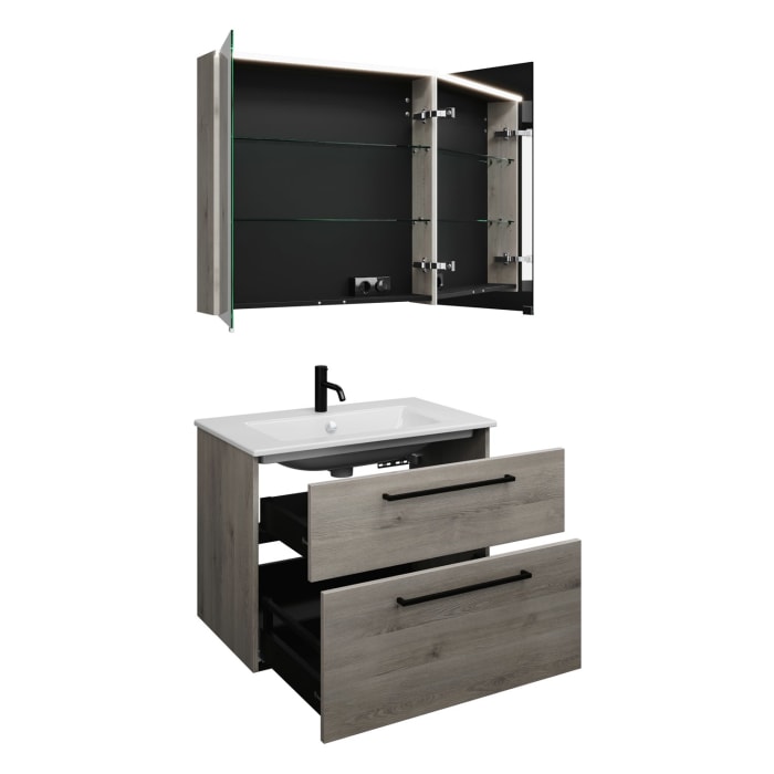 burgbad Eqio Badmöbel-Set 82 cm mit Keramik-Waschtisch Slim und Unterschrank mit Stangengriff G0234, mit Spiegelschrank