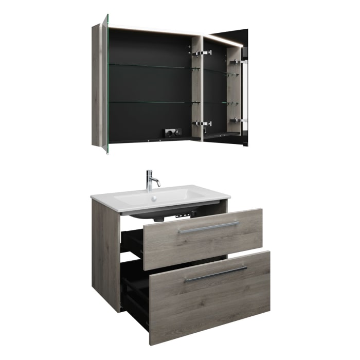 burgbad Eqio Badmöbel-Set 82 cm mit Keramik-Waschtisch Slim und Unterschrank mit Stangengriff P95, mit Spiegelschrank