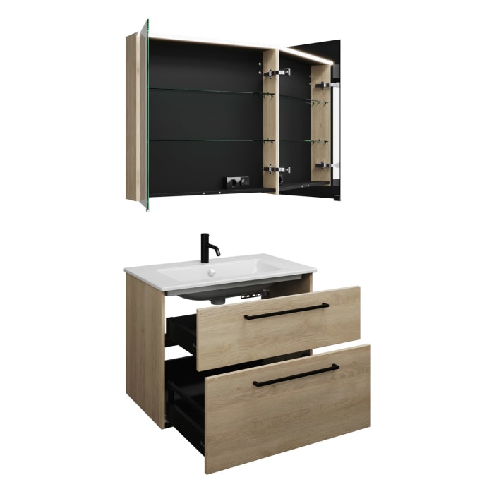 burgbad Eqio Badmöbel-Set 82 cm mit Keramik-Waschtisch Slim und Unterschrank mit Stangengriff G0234, mit Spiegelschrank