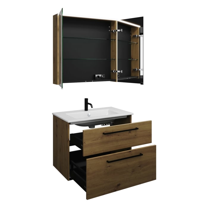 burgbad Eqio Badmöbel-Set 82 cm mit Keramik-Waschtisch Slim und Unterschrank mit Stangengriff G0234, mit Spiegelschrank