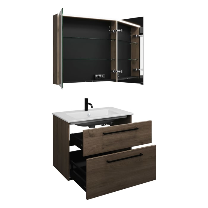 burgbad Eqio Badmöbel-Set 82 cm mit Keramik-Waschtisch Slim und Unterschrank mit Stangengriff G0234, mit Spiegelschrank