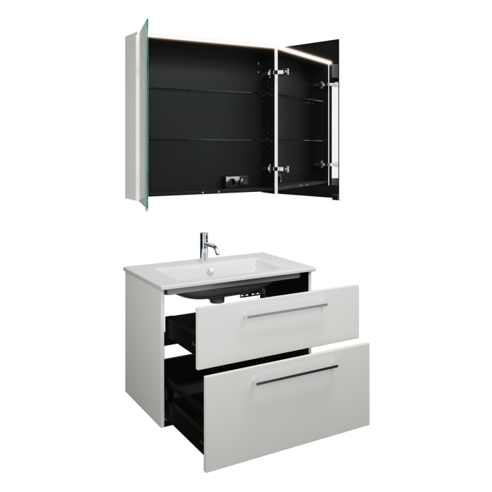 burgbad Eqio Badmöbel-Set 82 cm mit Keramik-Waschtisch Slim und Unterschrank mit Stangengriff P95, mit Spiegelschrank