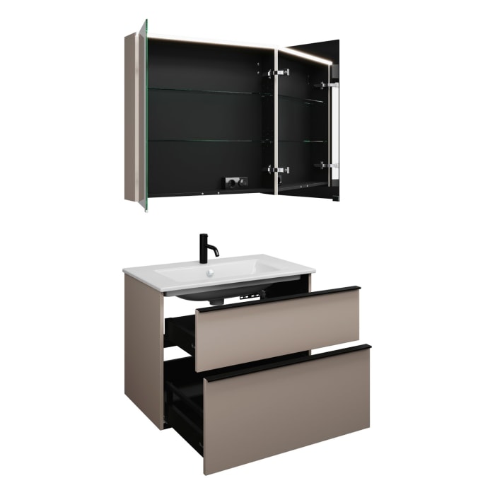 burgbad Eqio Badmöbel-Set 82 cm mit Keramik-Waschtisch Slim und Unterschrank mit Griffleiste G0252, mit Spiegelschrank