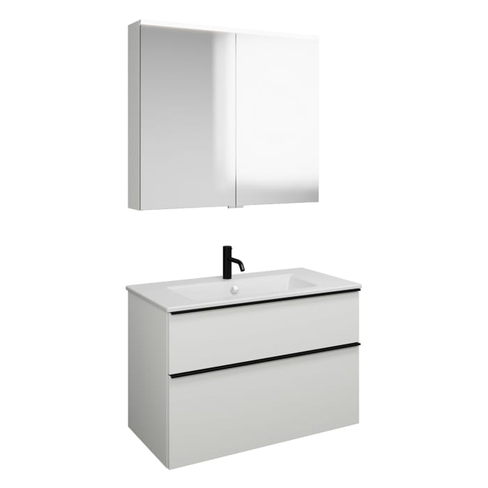 burgbad Eqio Badmöbel-Set 92 cm mit Keramik-Waschtisch Slim und Unterschrank mit Griffleiste G0252, mit Spiegelschrank