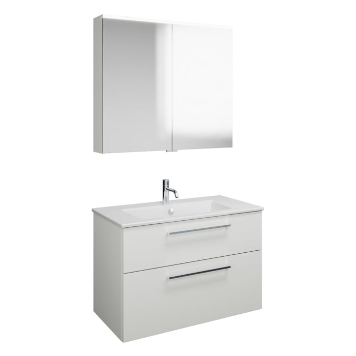 burgbad Eqio Badmöbel-Set 92 cm mit Keramik-Waschtisch Slim und Unterschrank mit Stangengriff P95, mit Spiegelschrank