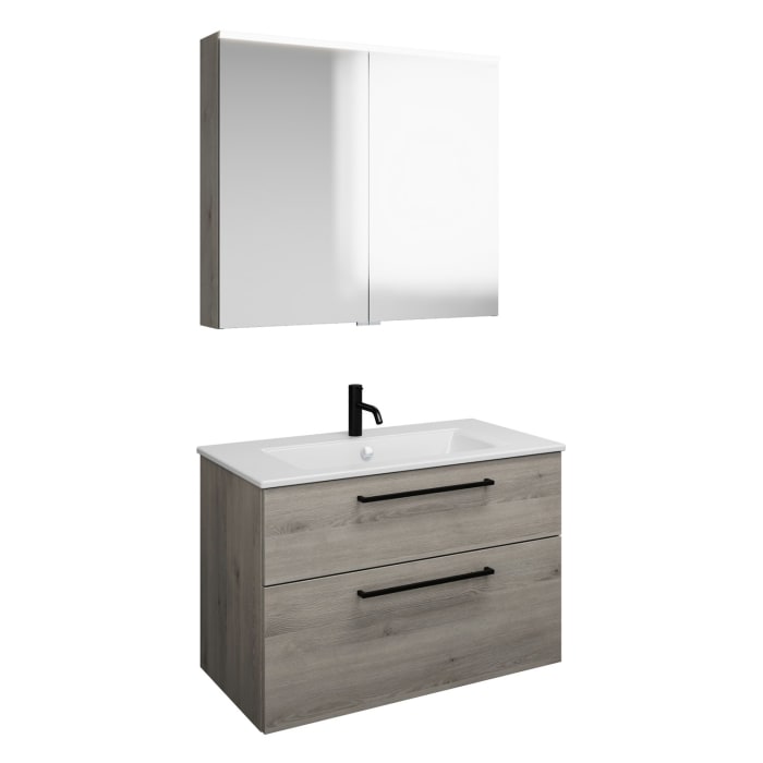 burgbad Eqio Badmöbel-Set 92 cm mit Keramik-Waschtisch Slim und Unterschrank mit Stangengriff G0234, mit Spiegelschrank