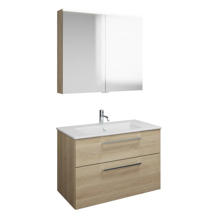 burgbad Eqio Badmöbel-Set 92 cm mit Keramik-Waschtisch Slim und Unterschrank mit Stangengriff P95, mit Spiegelschrank