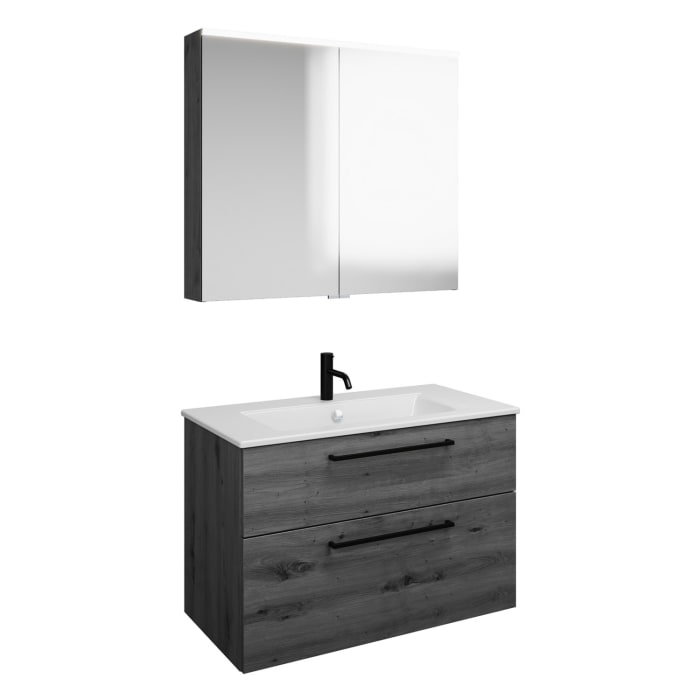 burgbad Eqio Badmöbel-Set 92 cm mit Keramik-Waschtisch Slim und Unterschrank mit Stangengriff G0234, mit Spiegelschrank
