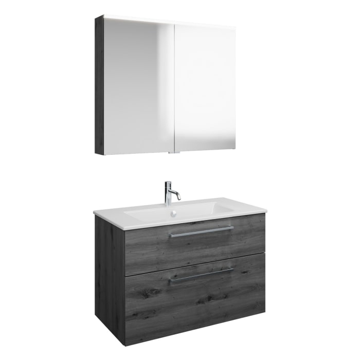 burgbad Eqio Badmöbel-Set 92 cm mit Keramik-Waschtisch Slim und Unterschrank mit Stangengriff P95, mit Spiegelschrank