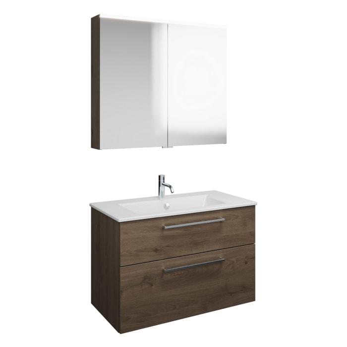 burgbad Eqio Badmöbel-Set 92 cm mit Keramik-Waschtisch Slim und Unterschrank mit Stangengriff P95, mit Spiegelschrank