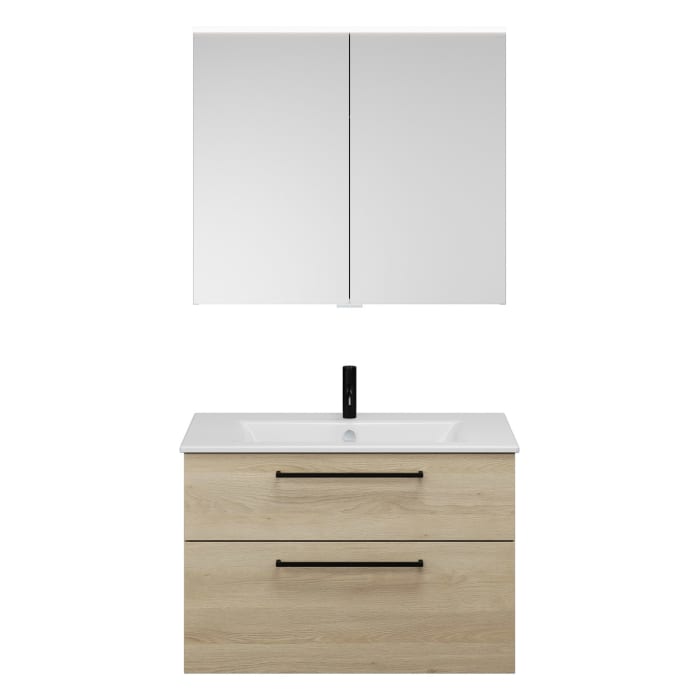 burgbad Eqio Badmöbel-Set 92 cm mit Keramik-Waschtisch Slim und Unterschrank mit Stangengriff G0234, mit Spiegelschrank